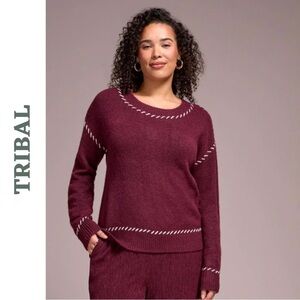 Tribal Wine Knit Sweater Medium NWT Contrast Stitch